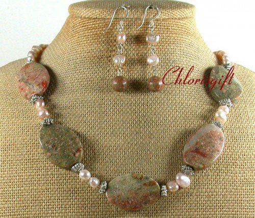 NATURAL AUTUMN JASPER FW PEARL NECKLACE/EARRINGS SET