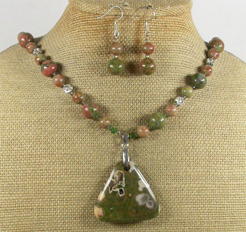 RHYOLITE AUTUMN JASPER UNAKITE NECKLACE/EARRINGS SET