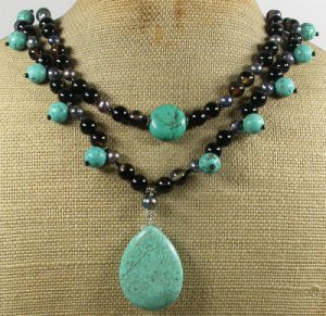 TURQUOISE & BLACK AGATE & PEARLS 2ROW NECKLACE