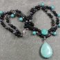 TURQUOISE & BLACK AGATE & PEARLS 2ROW NECKLACE