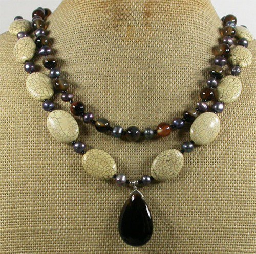 WHITE TURQUOISE BLACK AGATE PEARLS 2ROW NECKLACE