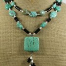 TURQUOISE BLACK AGATE FRESH WATER PEARLS 2ROW NECKLACE