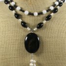 BLACK AGATE WHITE JADE FW PEARLS 2ROW NECKLACE
