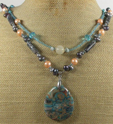 CRAZY LACE AGATE LABORADITE CRYSTAL PEARL 2ROW NECKLACE
