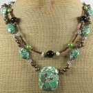 .GREEN AFRICAN TURQUOISE BLACK AGATE PEARL 2ROW NECKLACE