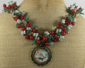 COPPER PORTRAIT & RED CARNELIAN & GREEN AGATE NECKLACE