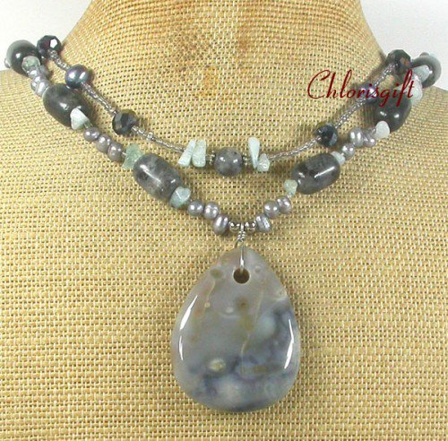 OCEAN JASPER BLUE JADE LABORADITE 2ROW NECKLACE