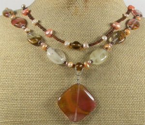 TIGER QUARTZ & FRESH WATER PEARLS 2ROW NECKLACE
