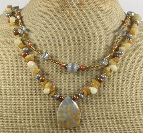 FOSSIL AGATE YELLOW JADE CRYSTAL PEARLS 2ROW NECKLACE