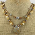 FOSSIL AGATE YELLOW JADE CRYSTAL PEARLS 2ROW NECKLACE