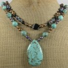 TURQUOISE & BLACK AGATE & PEARLS 2ROW NECKLACE