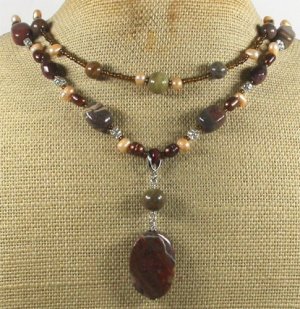 IMPERIAL JASPER RED TIGER EYE PEARLS 2ROW NECKLACE
