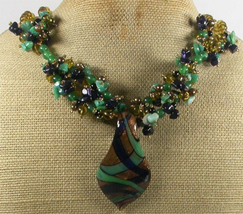 MURANO GLASS & GREEN JADE & GOLDSTONE & AGATE NECKLACE
