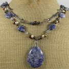 SODALITE SMOKY CRYSTAL FRESH WATER PEARLS 2ROW NECKLACE
