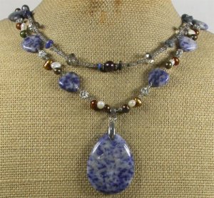SODALITE SMOKY CRYSTAL FRESH WATER PEARLS 2ROW NECKLACE
