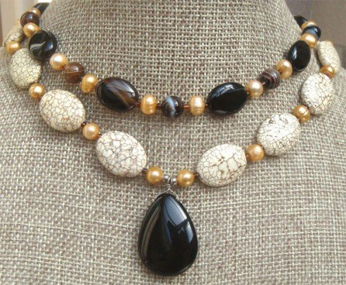 BLACK AGATE WHITE TURQUOISE FW PEARL 2ROW NECKLACE