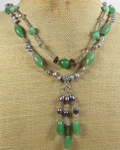 GREEN JADE SMOKY CRYSTAL FW PEARLS 2ROW NECKLACE