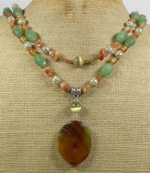 ORANGE AGATE & GREEN JADE & HONEY JADE 2ROW NECKLACE