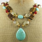 TURQUOISE TIGER EYE QUARTZ CARNELIAN 2ROW NECKLACE