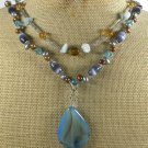 BLUE AGATE JADE CAT EYE CRYSTAL PEARLS 2ROW NECKLACE