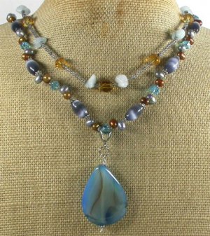 BLUE AGATE JADE CAT EYE CRYSTAL PEARLS 2ROW NECKLACE