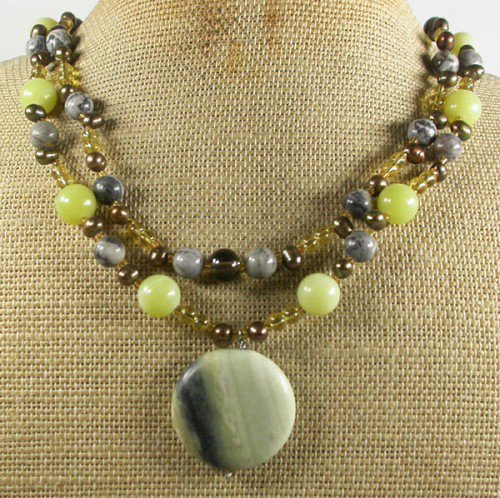 BUTTER JADE OLIVE JADE PICASSO JASPER 2ROW NECKLACE