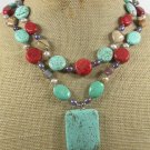 TURQUOISE & RED CORAL & PICTURE JASPER 2ROW NECKLACE