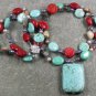 TURQUOISE & RED CORAL & PICTURE JASPER 2ROW NECKLACE
