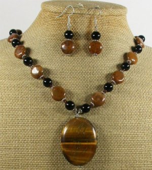 TIGER EYE BROWN AGATE CRYSTAL NECKLACE/EARRINGS SET