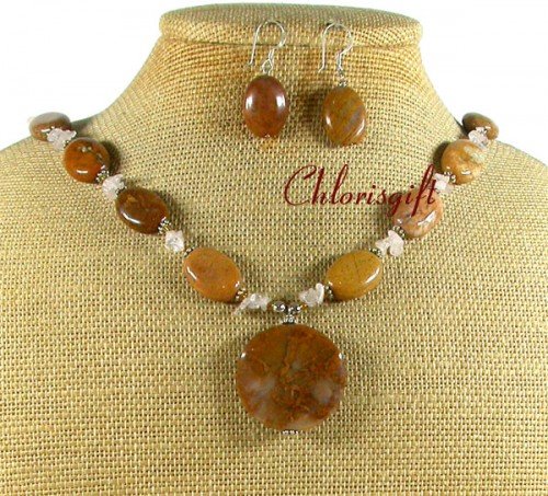 BROWN AGATE ROSE QUARTZ NECKLACE/EARRINGS SET