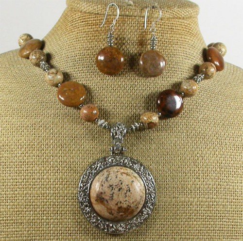 NATURAL PICTURE JASPER BROWN AGATE NECKLACE/EARRING SET