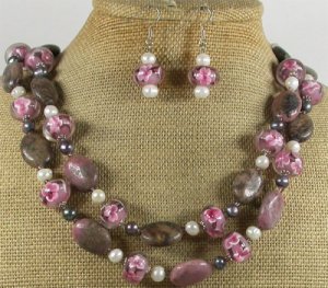 RHODONITE FLOWER LAMPWORK PEARLS NECKLACE/EARRINGS SET