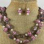 RHODONITE FLOWER LAMPWORK PEARLS NECKLACE/EARRINGS SET
