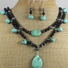 TURQUOISE BLACK AGATE PEARLS 2ROW NECKLACE/EARRINGS SET