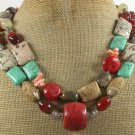RED CORAL & TURQUOISE & JASPER GOLDSTONE 2ROW NECKLACE