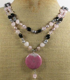RHODONITE ROSE QUARTZ CLEAR QUARTZ AGATE 2ROW NECKLACE