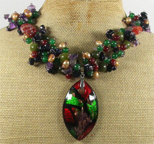 MURANO GLASS RED AGATE OLIVE GREEN JADE NECKLACE