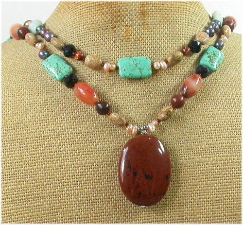 MAHOGANY OBSIDIAN TURQUOISE JASPER 2ROW NECKLACE