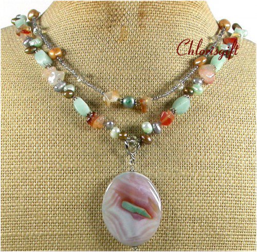 RAINBOW AGATE AMAZONITE CRYSTAL PEARLS 2ROW NECKLACE