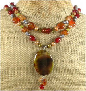 RED ORANGE AGATE FRESH WATER PEARLS 2ROW NECKLACE