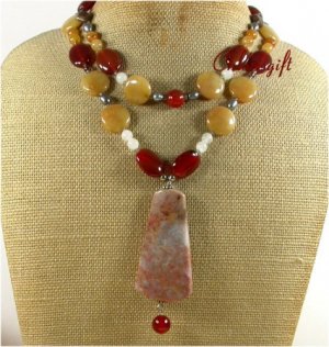 CRAZY AGATE RED CARNELIAN YELLOW JADE 2ROW NECKLACE