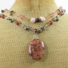BROWN POPPY JASPER CRYSTAL FW PEARL 2ROW NECKLACE