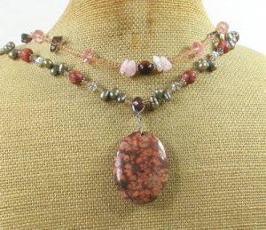 BROWN POPPY JASPER CRYSTAL FW PEARL 2ROW NECKLACE