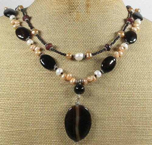 BLACK AGATE & RED TIGER EYE & PEARLS 2ROW NECKLACE