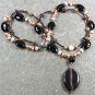 BLACK AGATE & RED TIGER EYE & PEARLS 2ROW NECKLACE
