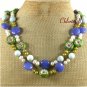 FLOWER CLOISONNE BLUE JADE CORAL PEARLS 2ROW NECKLACE