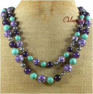 TURQUOISE PURPLE MOP JASPER PEARLS 2ROW NECKLACE