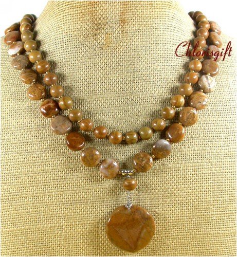 NATURAL BROWN AGATE WOOD JASPER 2ROW NECKLACE