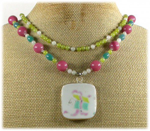 POTTERY SHARD JADE AGATE 2ROW NECKLACE