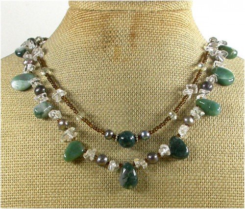 FANCY JASPER CLEAR QUARTZ PEARLS 2ROW NECKLACE